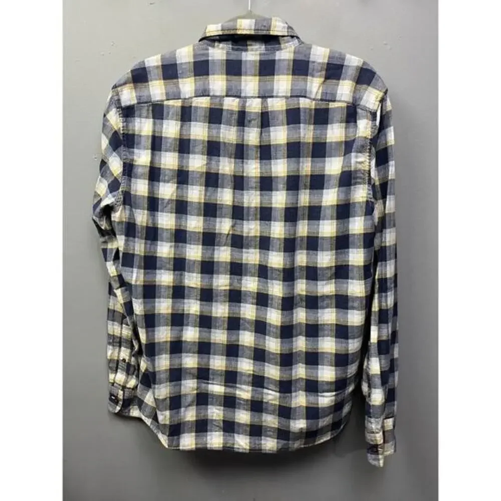 J Crew Shirt‎ Mens Large Homespun Slim Fit Blue Yellow Plaid Long Sleeve Cotton